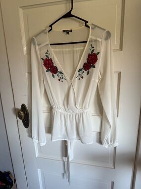 Express White Peplum Surplice Blouse with Red Rose Embroidery